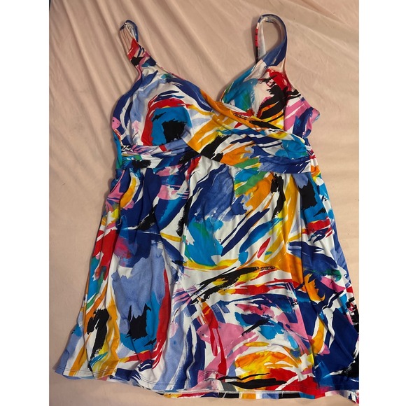 Suddenly Slim by Catalina Plus Size Colorful Faux Wrap Swimdress Swimsuit, 3X - Picture 1 of 6